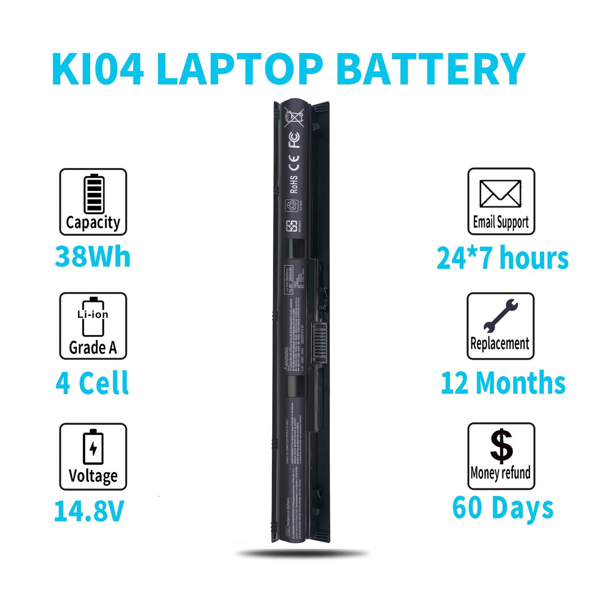 Emanjor KI04 battery for HP Pavilion 15-AK series replacement.