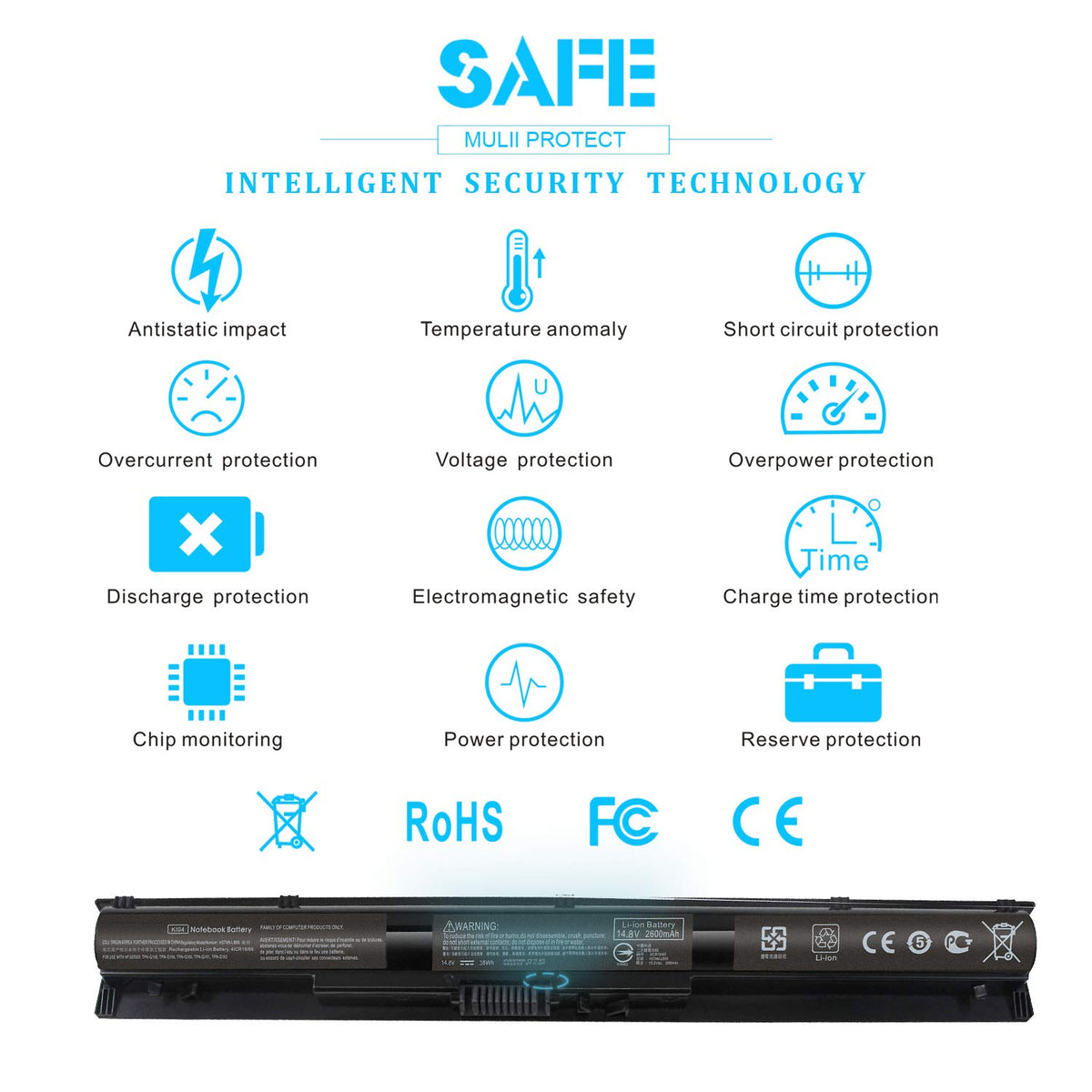 Emanjor KI04 battery packaging and support details.