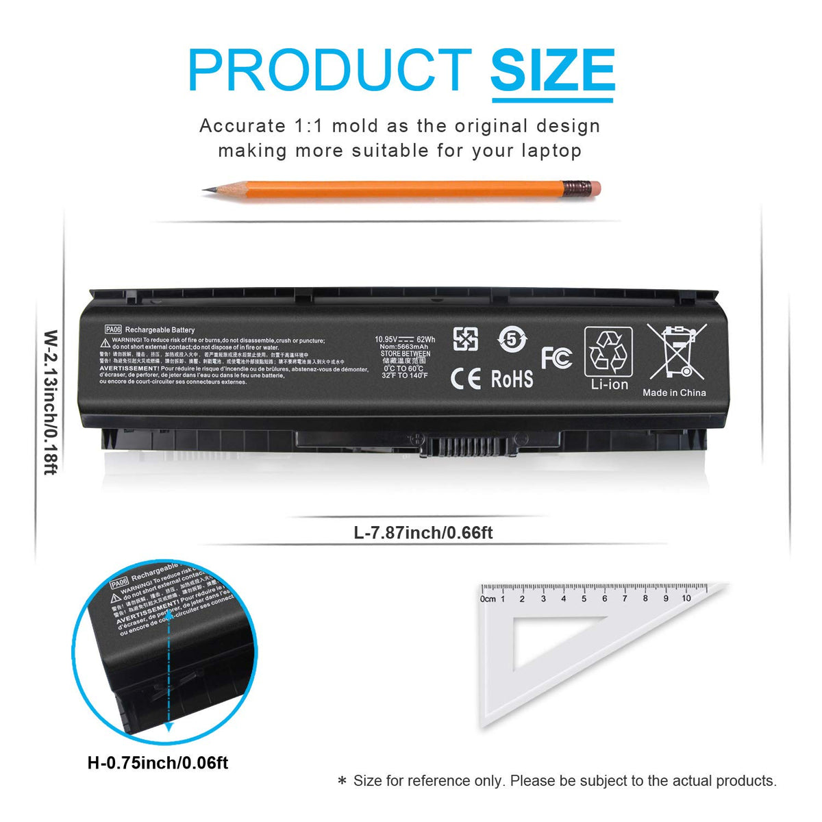 Emanjor PA06 battery, side connector view for easy replacement.