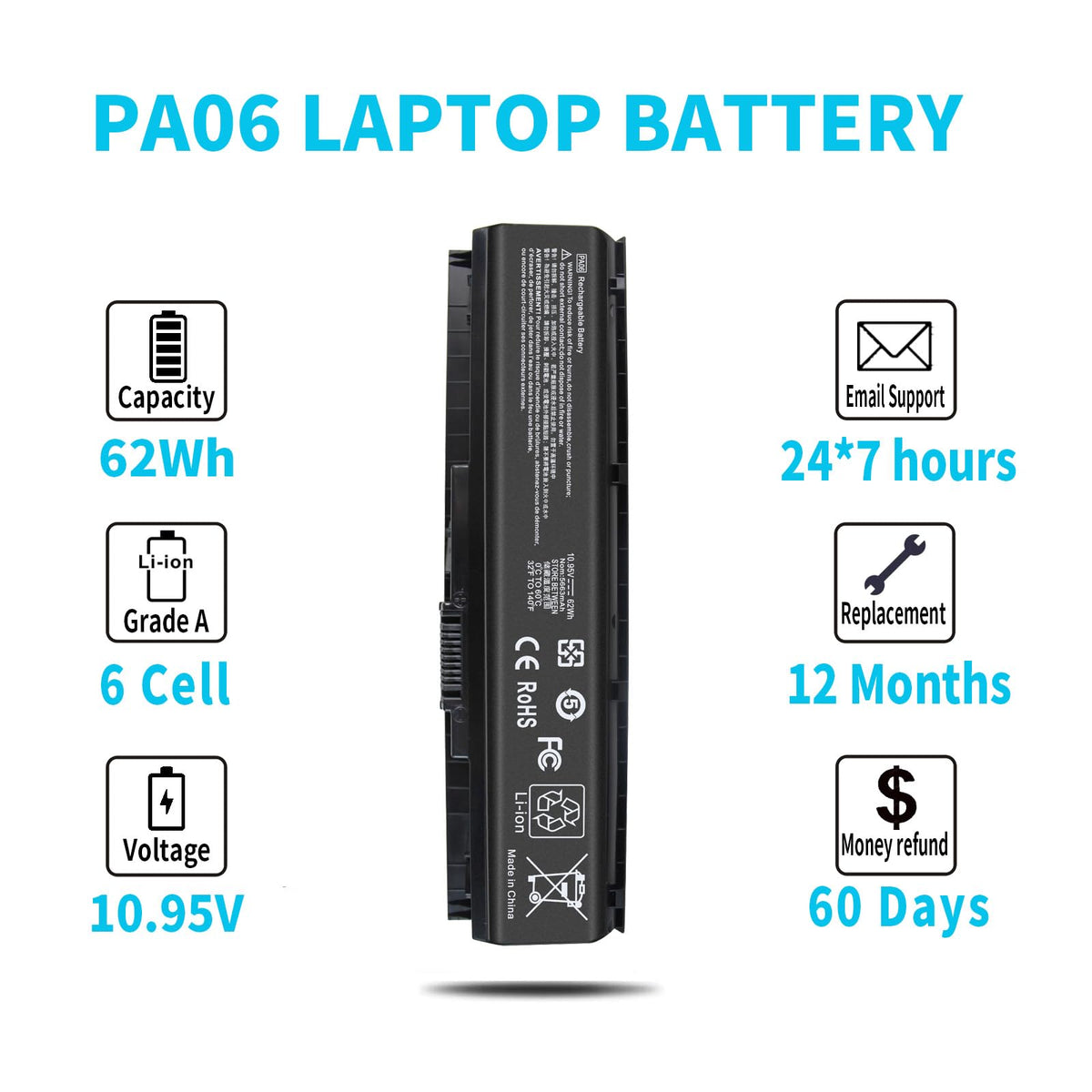 Close-up: PA06 specs featuring 62Wh capacity.