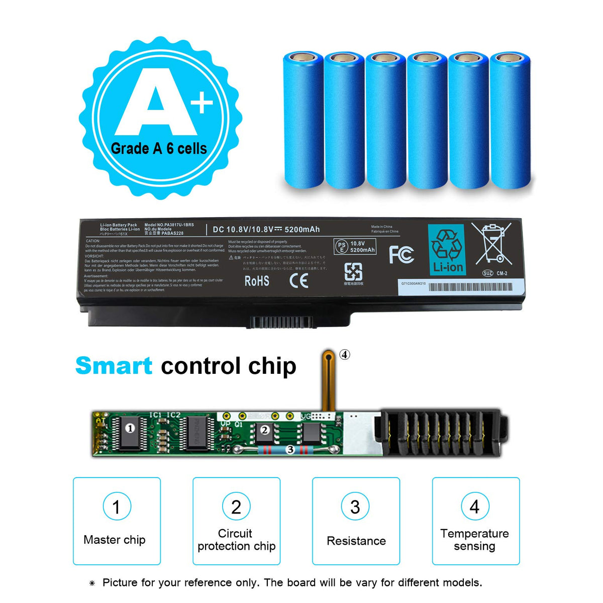Emanjor Li-ion battery in black finish compatible with Toshiba Satellite models.
