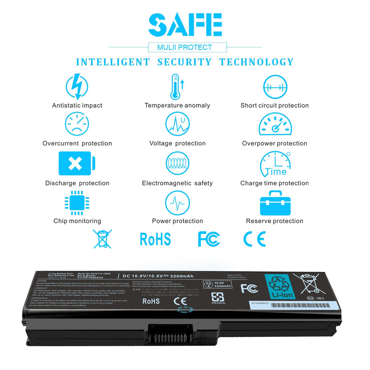 Safety protections ensure safe operation during charging and use.