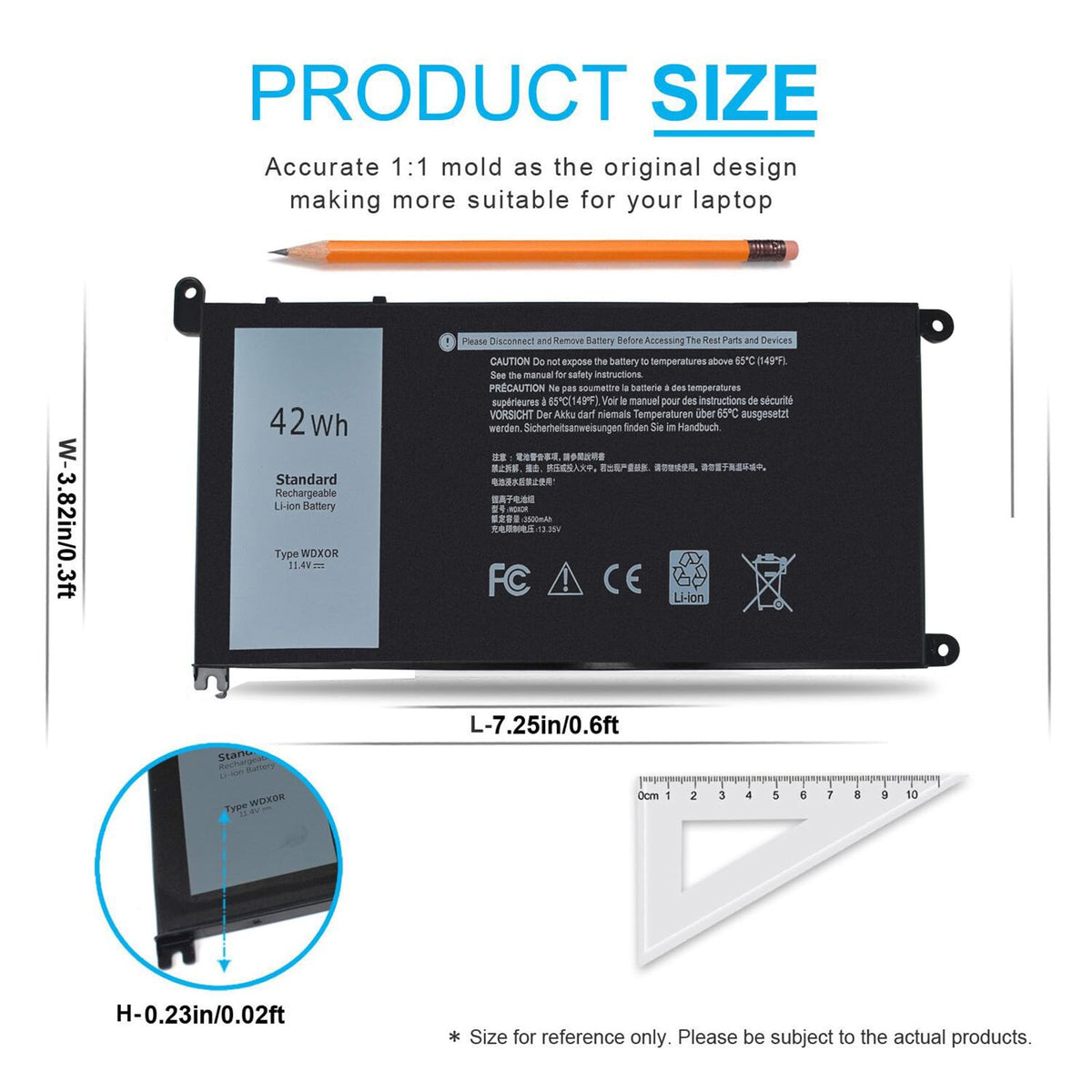 Emanjor battery side profile displaying thin pack for easy laptop fit