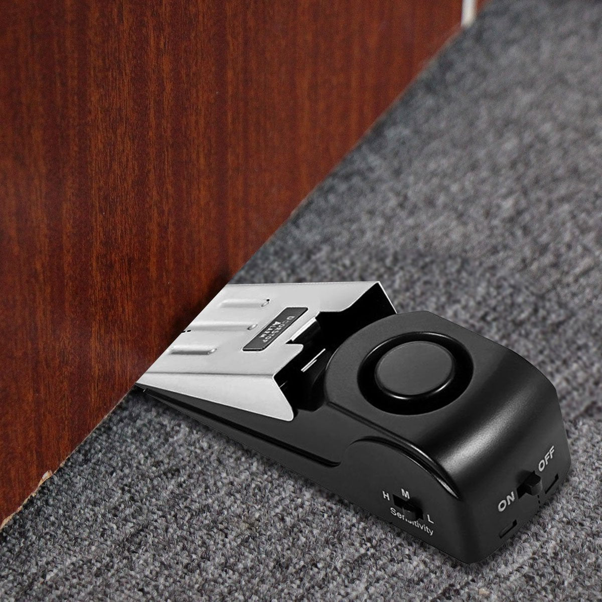 EMDMAK door stop alarm pack 2, side view, compact security for travel.