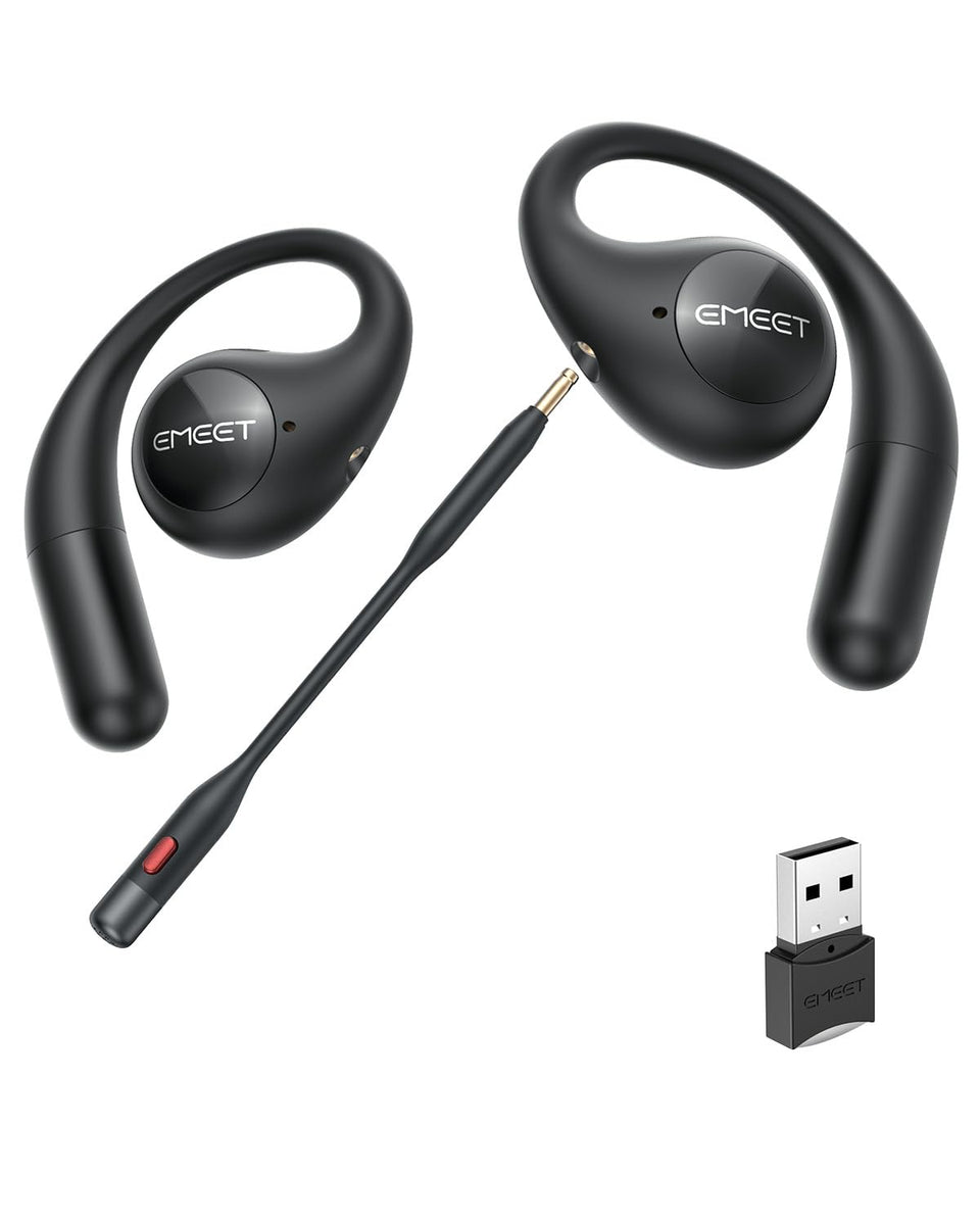 EMEET AirFlow open-ear headphones close-up showing comfortable design for all-day wear