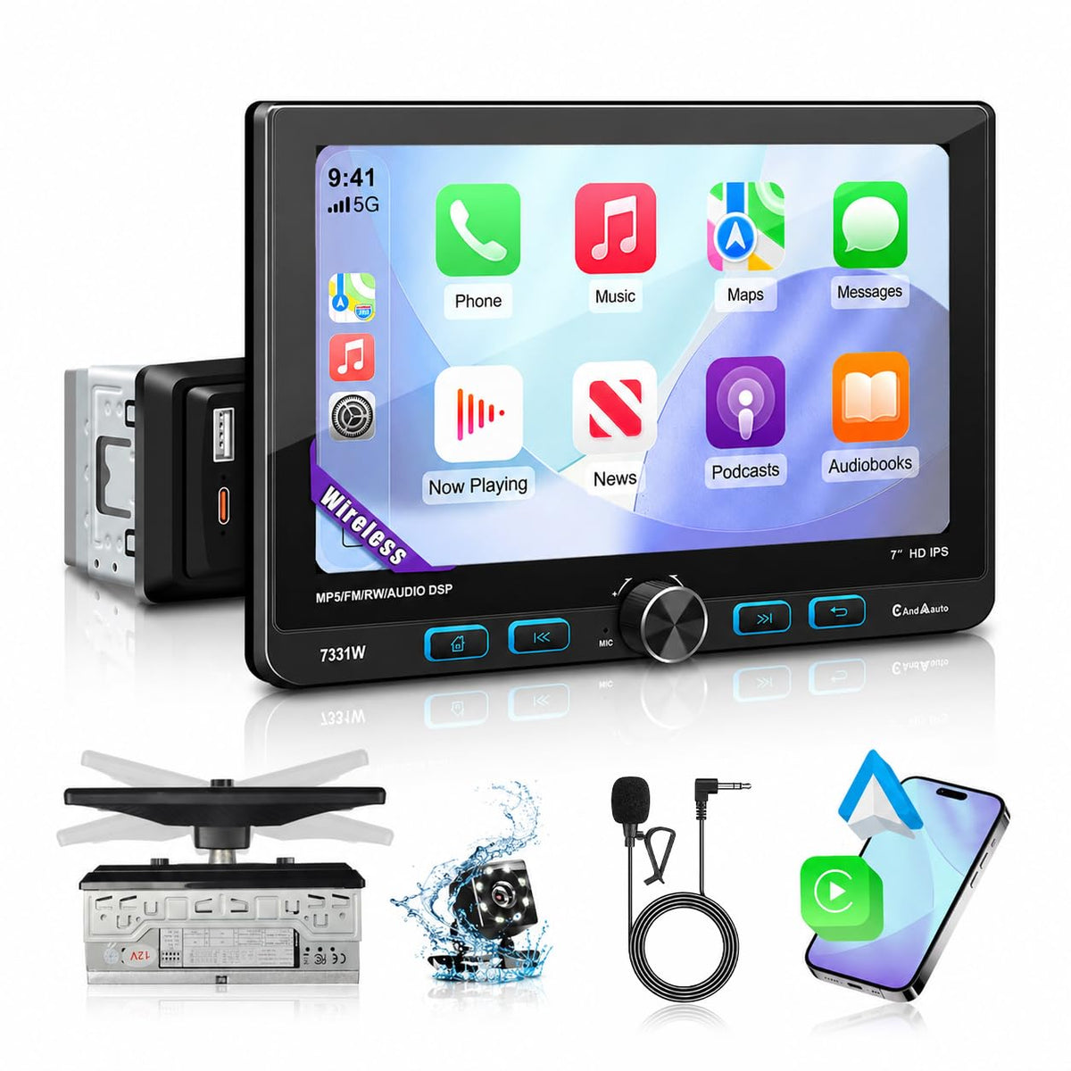 Emeito 7-inch din radio front view for quick access to navigation and media.