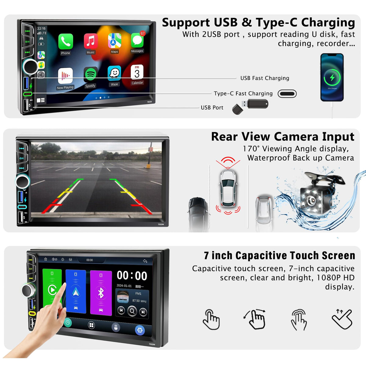 Emeito 7-inch touchscreen in a car with navigation and media visible