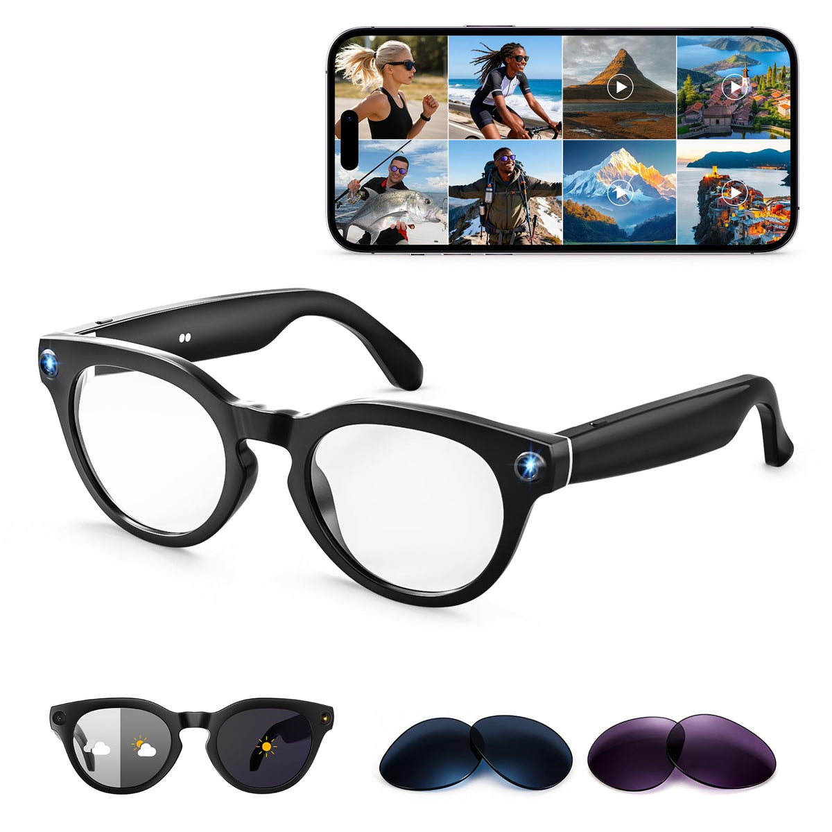 Emerhome AI smart glasses with a 2K camera for hands-free recording.
