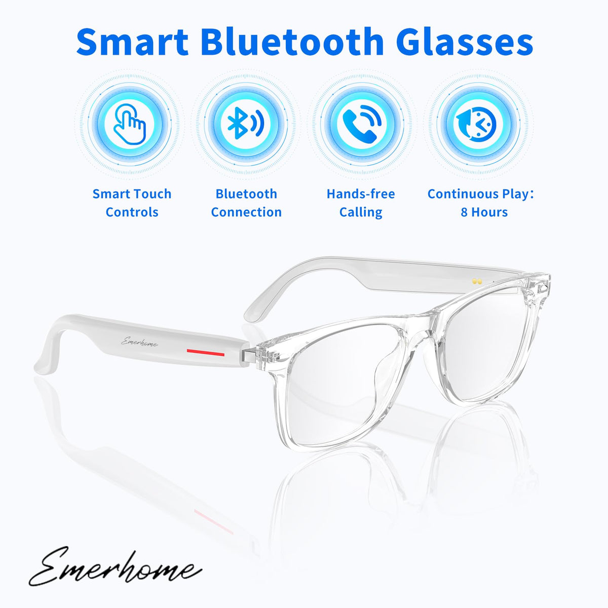 Emerhome smart glasses touch-control close-up for effortless one-touch commands