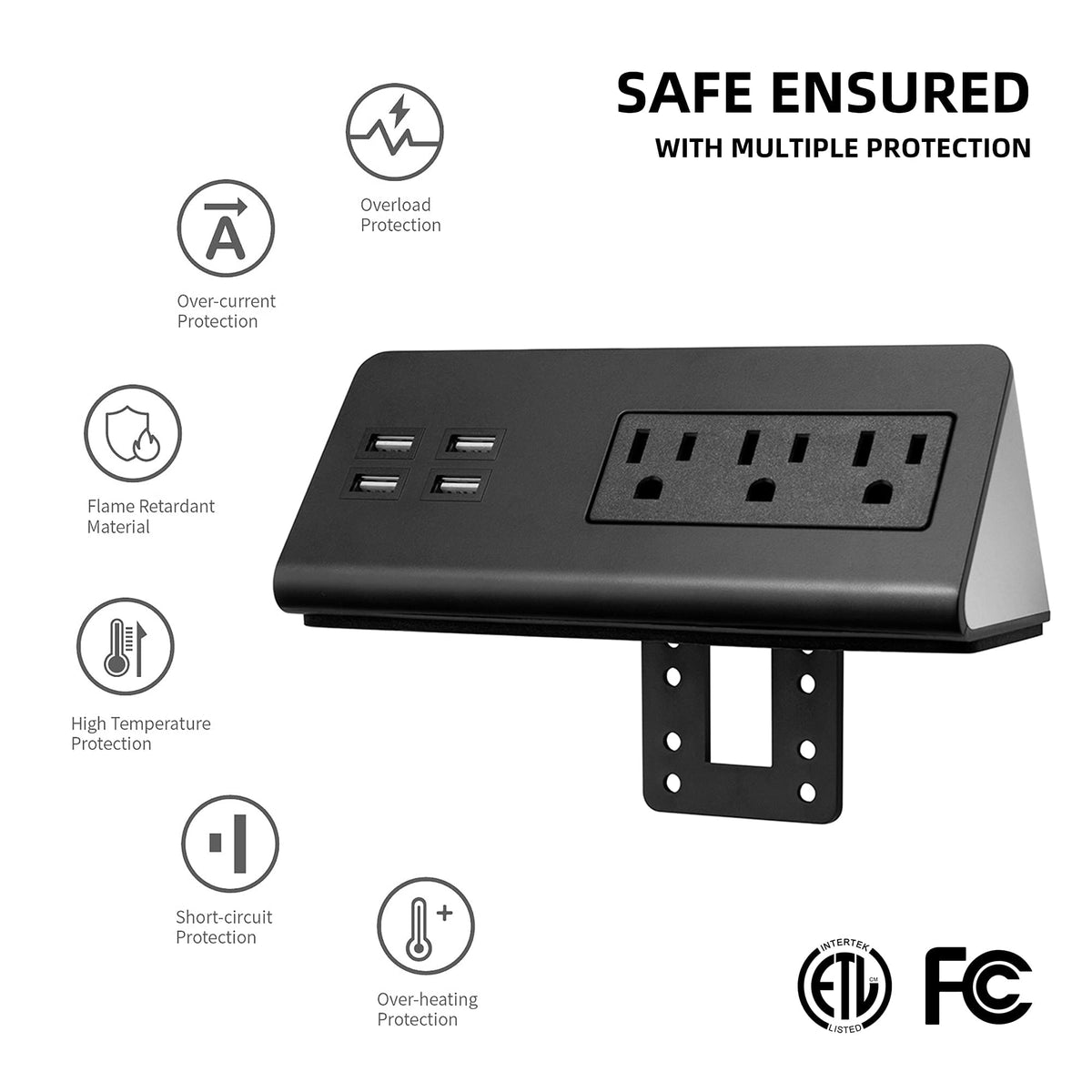 Emerise mounting bracket detail illustrating secure desk-edge screw installation