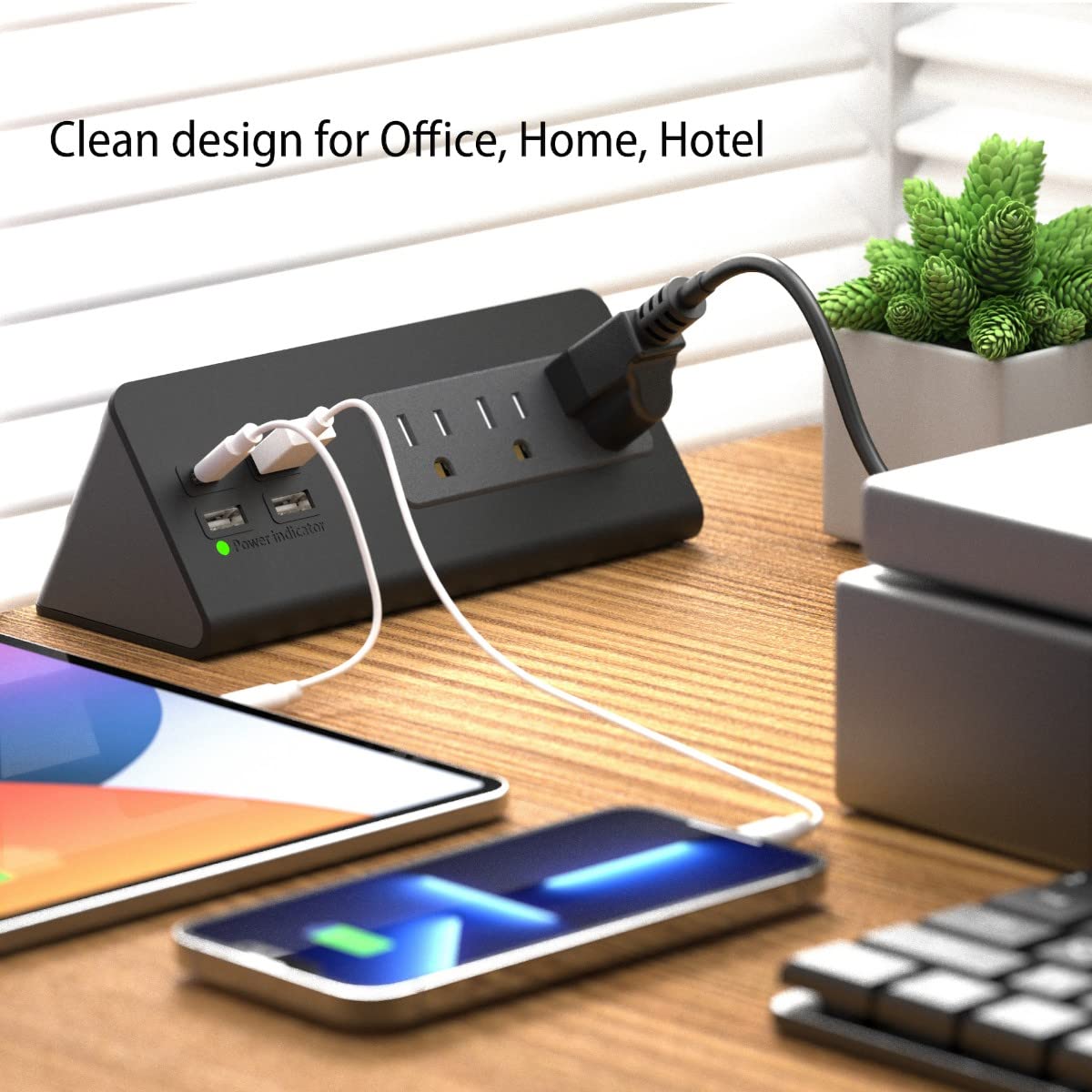 Emerising detail of three AC outlets spaced for large plugs and convenience