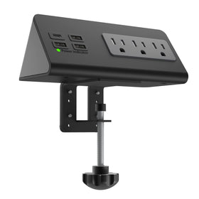 Emerising front view clamped to table edge showing organized charging benefit