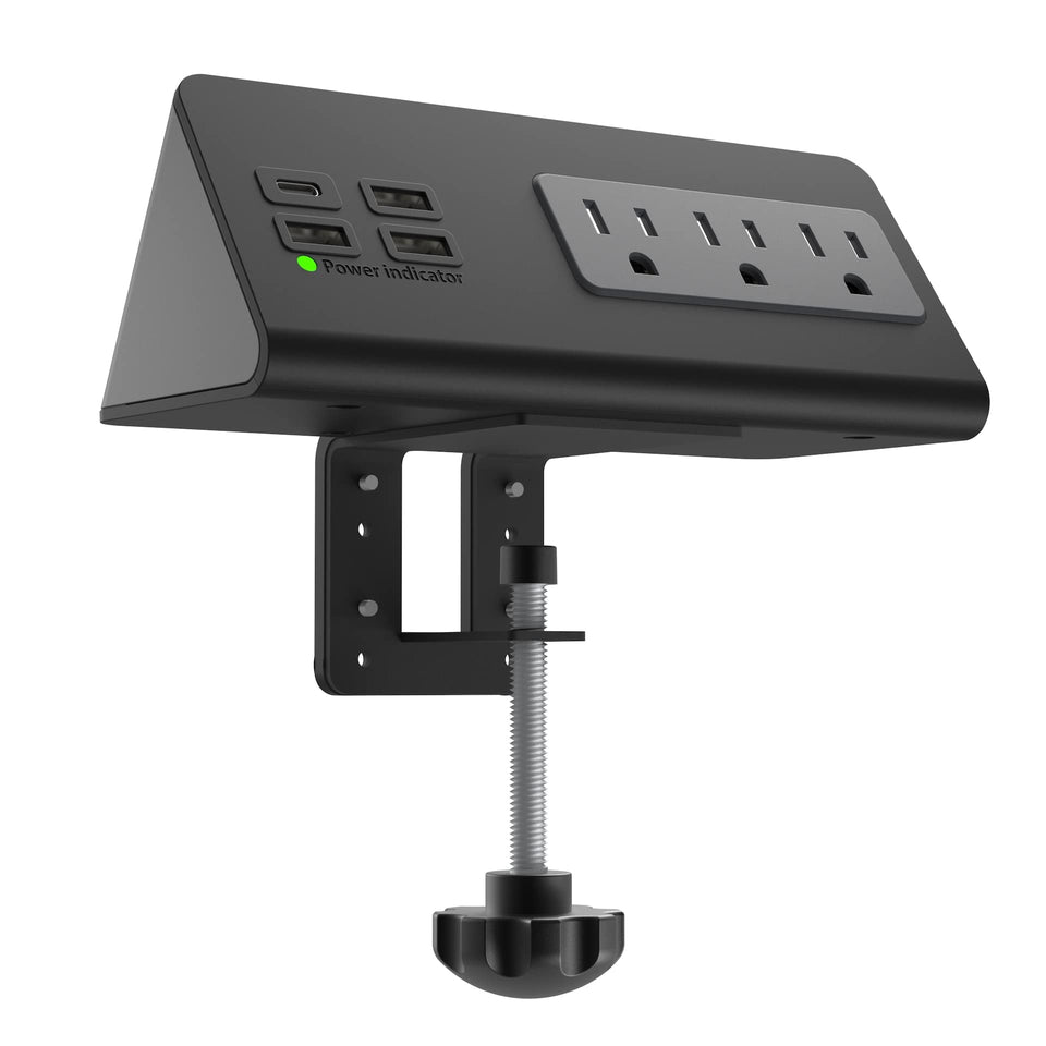 Emerising front view clamped to table edge showing organized charging benefit