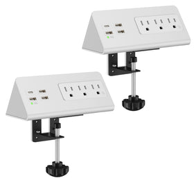 Emerising front view of power strip showing 3 AC outlets and 4 USB ports, keeps cords organized