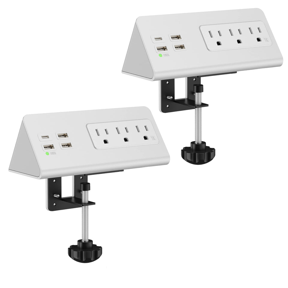 Emerising front view of power strip showing 3 AC outlets and 4 USB ports, keeps cords organized