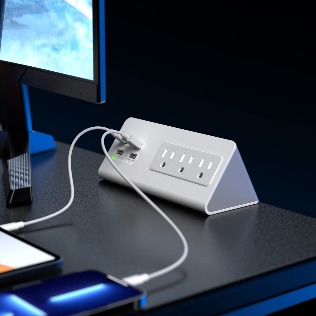 Emerising powering phone and lamp on nightstand showing organized charging benefits