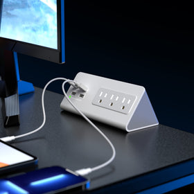 Emerising powering phone and lamp on nightstand showing organized charging benefits