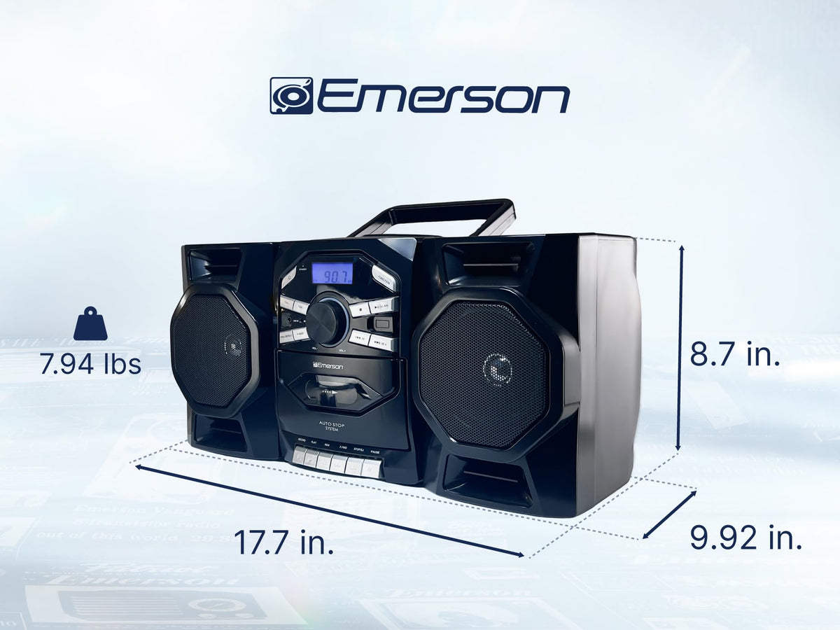 Emerson boombox with AM/FM radio delivers clear reception on the go.