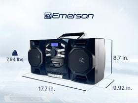 Emerson boombox with AM/FM radio delivers clear reception on the go.