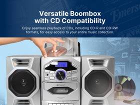 Emerson boombox aux input lets you play from smartphones.