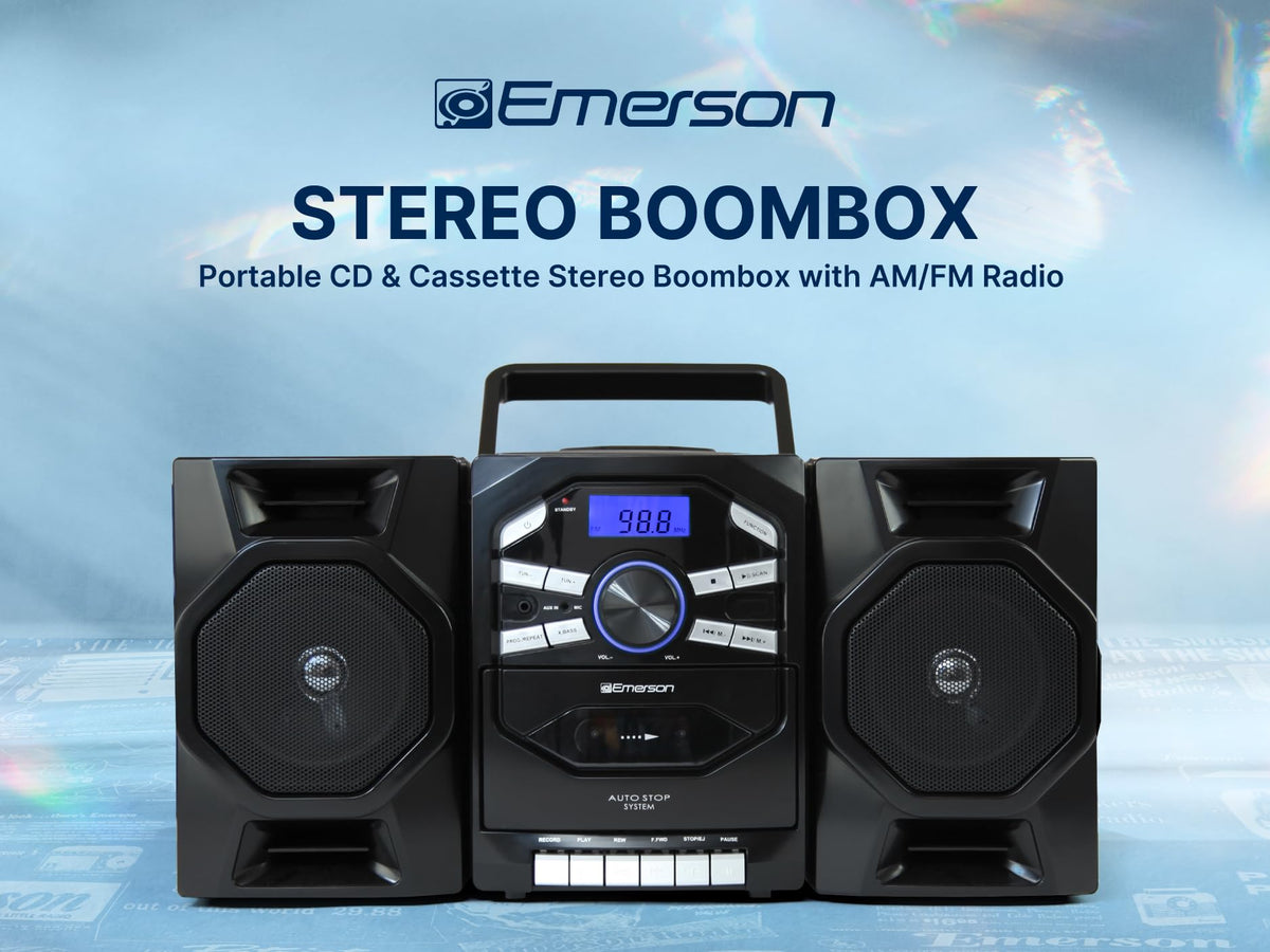 Emerson boombox cassette player and tape recorder enables easy audio capture.