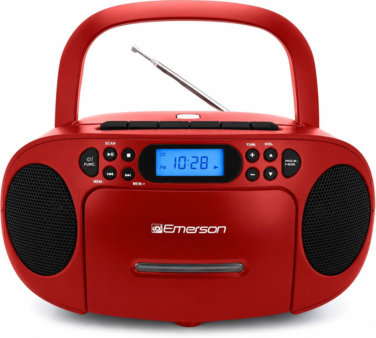Emerson boombox front view showing speakers and controls for easy use
