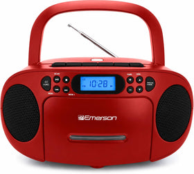 Emerson boombox front view showing speakers and controls for easy use