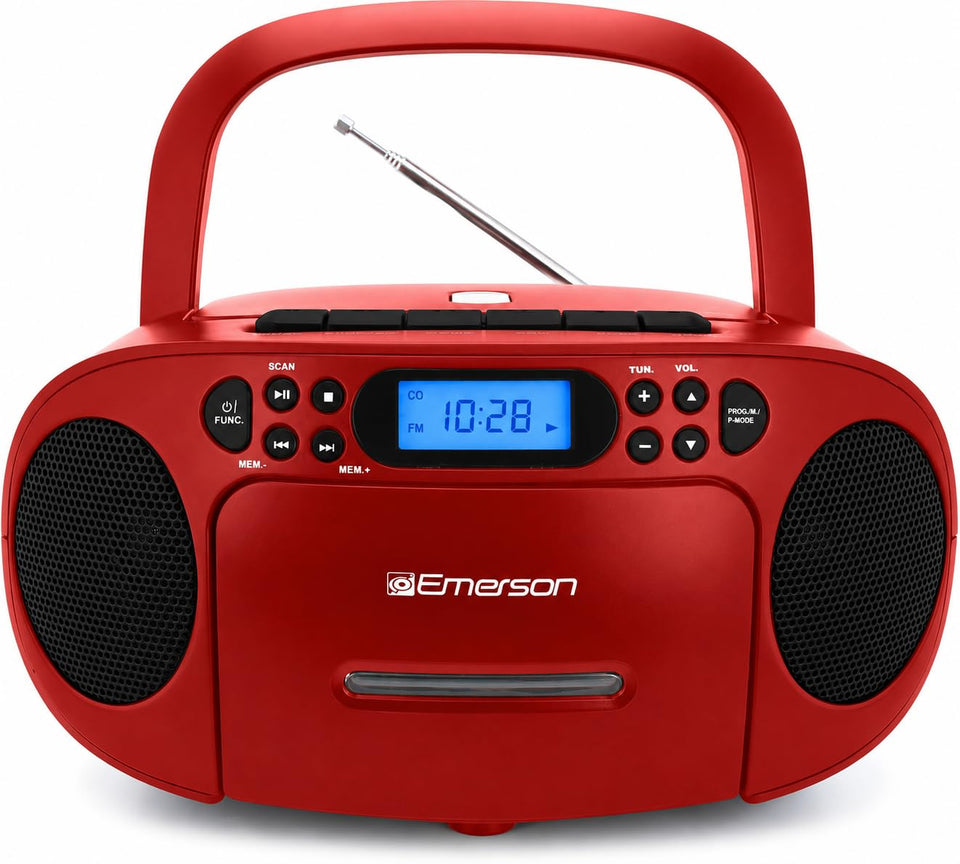 Emerson boombox front view showing speakers and controls for easy use