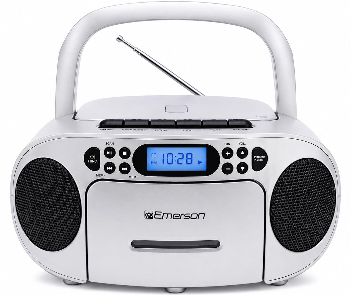 Emerson boombox front view showing dual speakers and controls for clear versatile sound