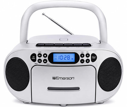Emerson boombox front view showing dual speakers and controls for clear versatile sound
