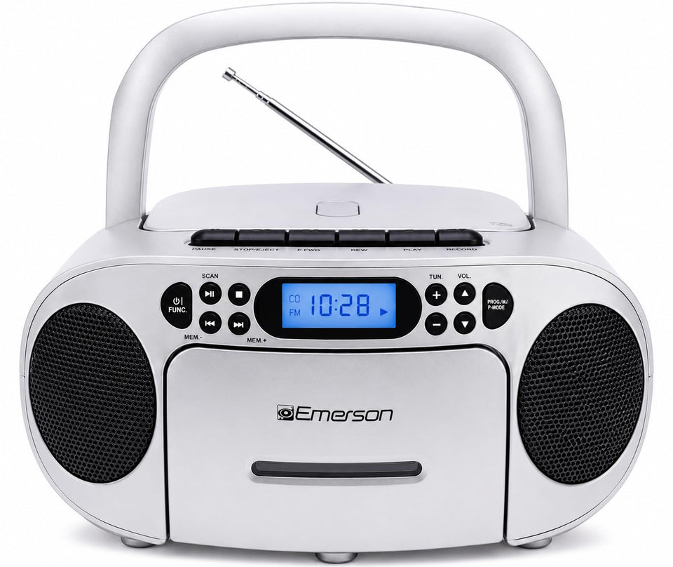Emerson boombox front view showing dual speakers and controls for clear versatile sound