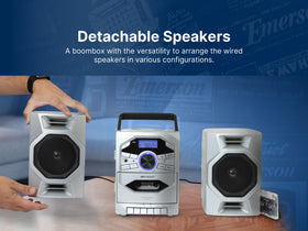 Emerson detachable speakers shown for expansive sound in larger rooms and outdoors.