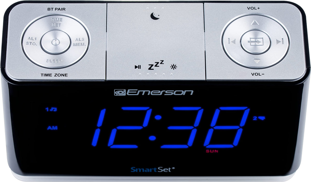 USB charging port on the Emerson CKS1507 keeps devices powered overnight.