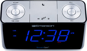USB charging port on the Emerson CKS1507 keeps devices powered overnight.