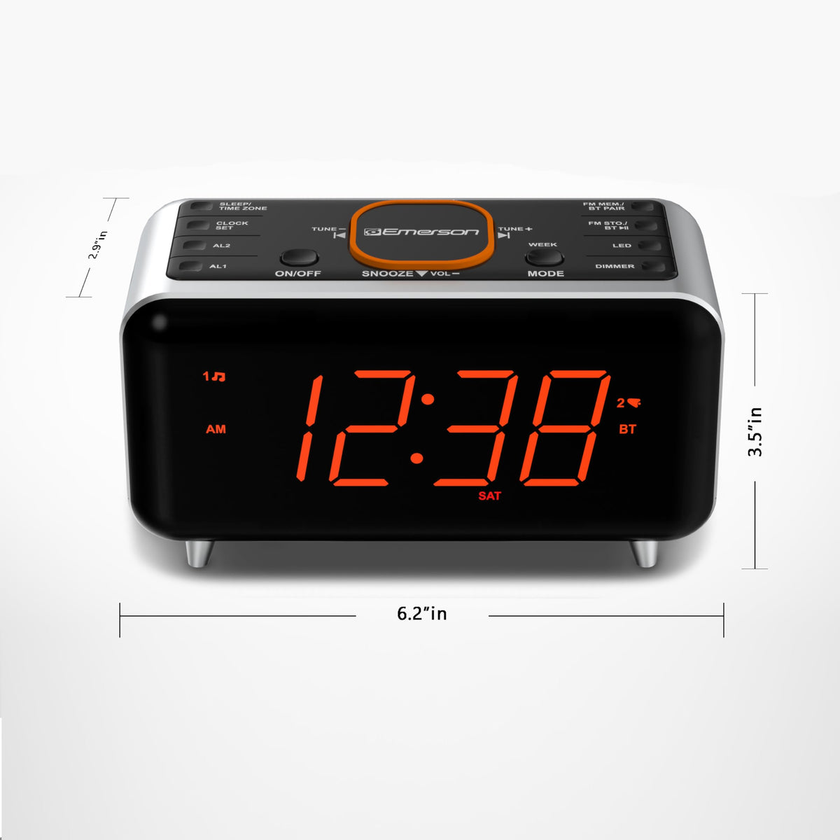 Orange accent light on the Emerson CKS1521 adds bedside style
