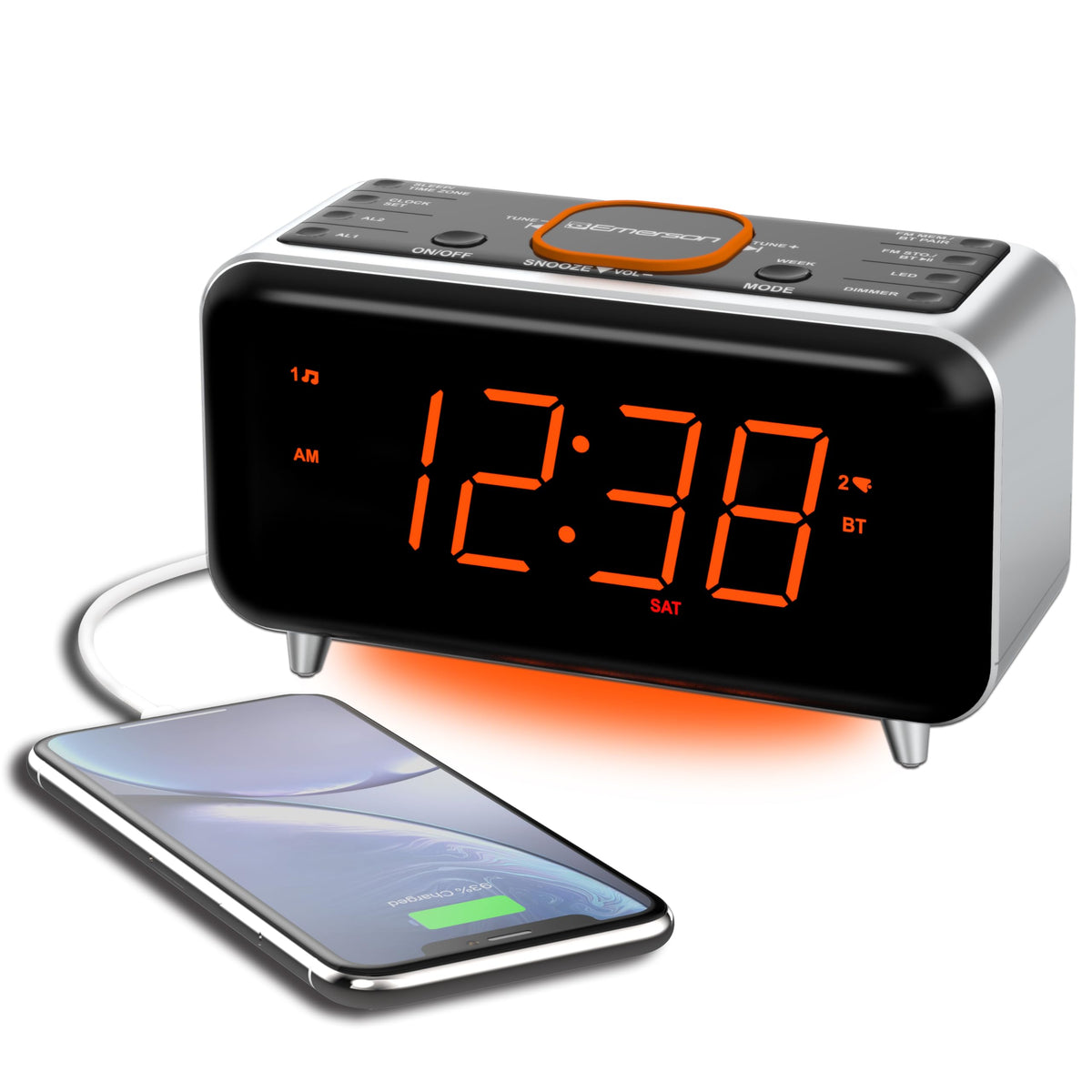 Emerson CKS1521 with bright orange display beside the bed