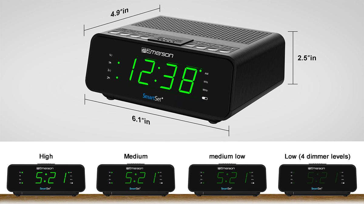 Emerson CKS1900 dual alarms wake with radio or buzzer.