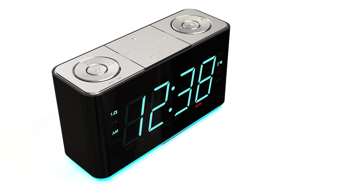 Emerson close-up of cyan LED display for quick bedside time checking