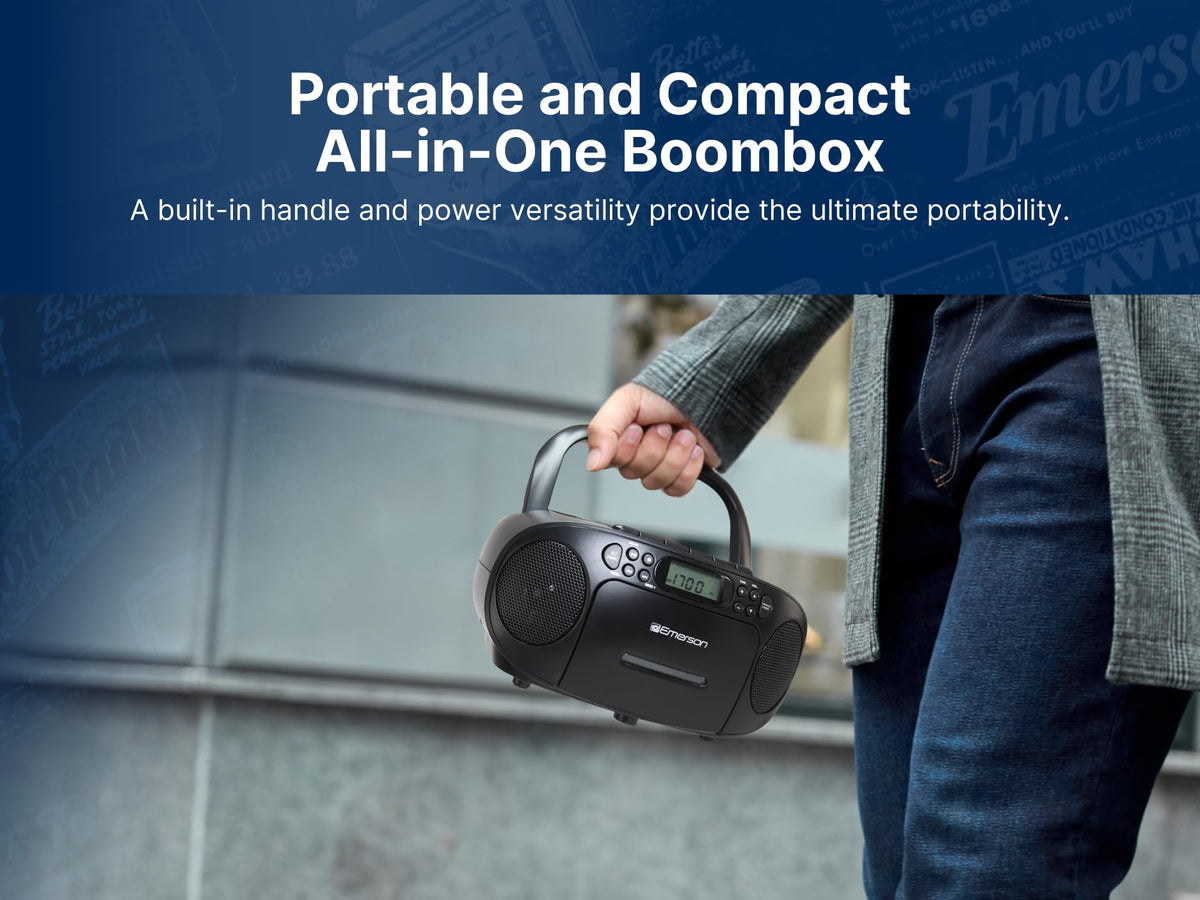 Emerson dual speakers delivering stereo sound suitable for indoor and outdoor use