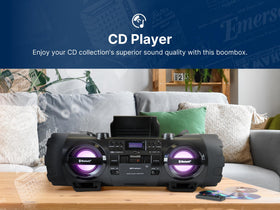 Control panel highlighting CD slot and playback options for quick music access.