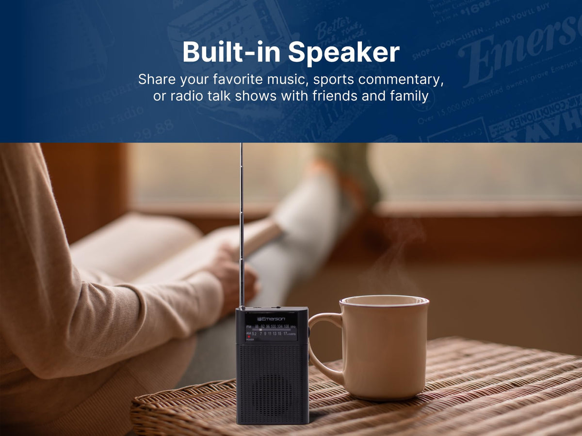 Emerson ER-7000 headphone jack closeup, allows private listening anywhere