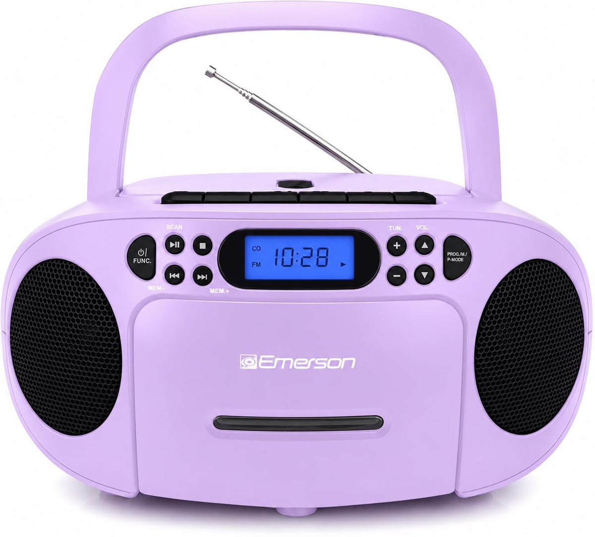 Emerson front view boombox showing CD door and speakers for versatile playback