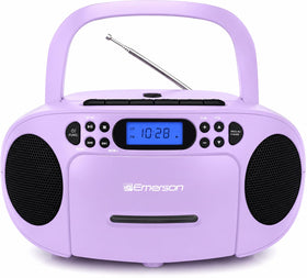 Emerson front view boombox showing CD door and speakers for versatile playback