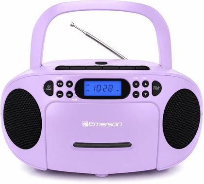 Emerson front view boombox showing CD door and speakers for versatile playback