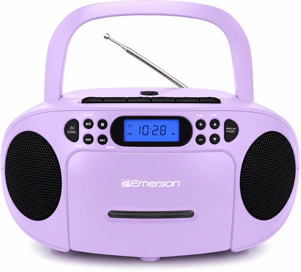 Emerson front view boombox showing CD door and speakers for versatile playback