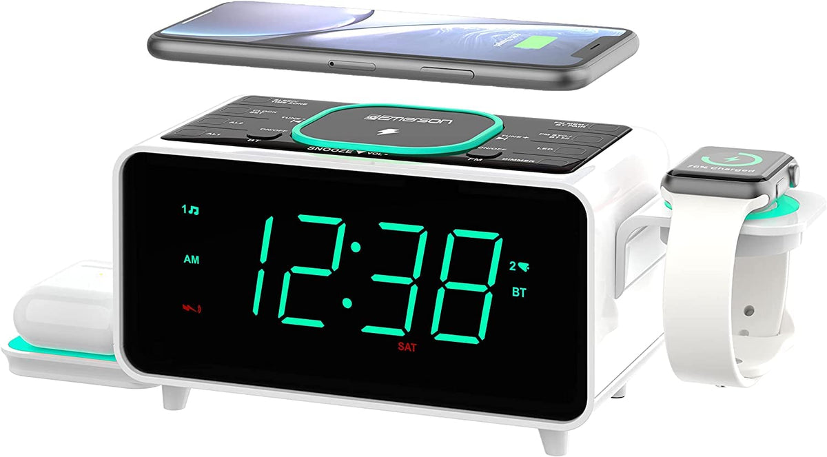 Emerson front view clock radio showing display and speaker, clear bedside visibility