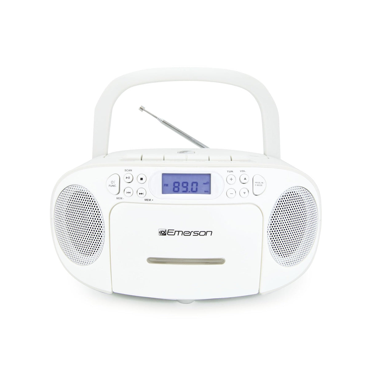 Emerson front view showing dual speakers and clear controls for versatile playback