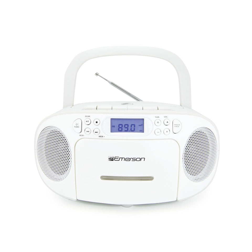 Emerson front view showing dual speakers and clear controls for versatile playback