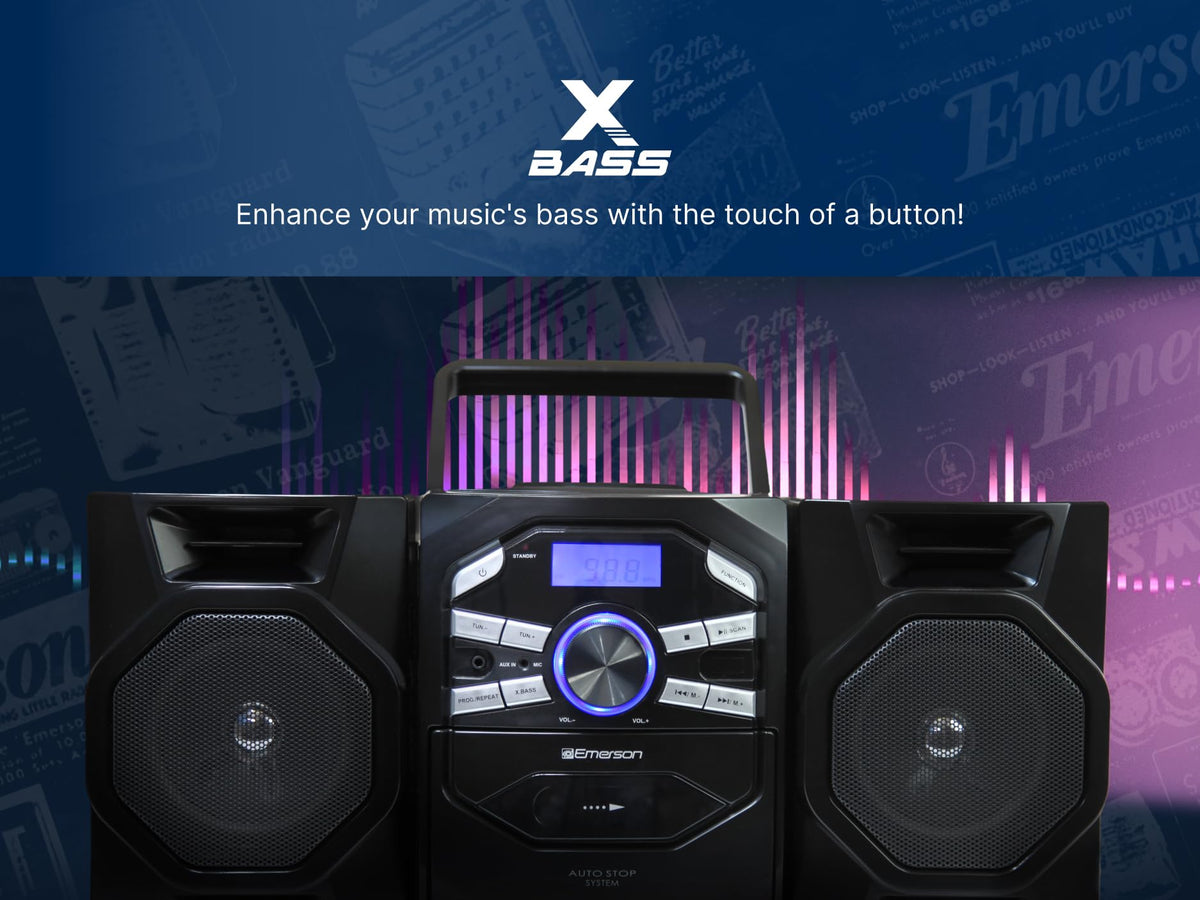 Emerson portable boombox with 3.5mm AUX input for smartphone or MP3 playback.