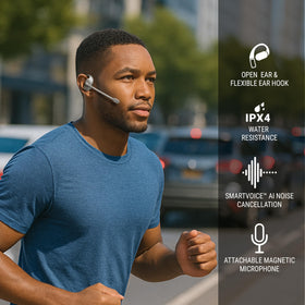 Emerson NoiseZero running-fit open-ear buds during workouts for secure alignment.